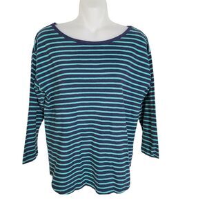 Garnet Hill Womens T Shirt Small Striped Blue Green 3/4 Sleeve Cotton Boat Neck